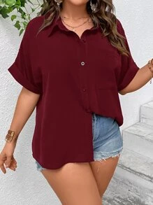 SHEIN LUNE Plus Batwing Sleeve Pocket Patched Button Front Shirt - Maroon - View 4