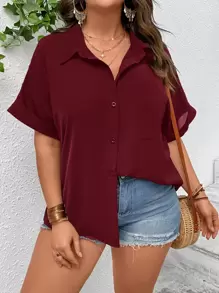 SHEIN LUNE Plus Batwing Sleeve Pocket Patched Button Front Shirt - Maroon - View 5