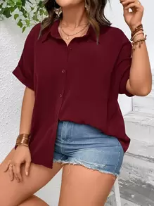 SHEIN LUNE Plus Batwing Sleeve Pocket Patched Button Front Shirt - Maroon - View 6