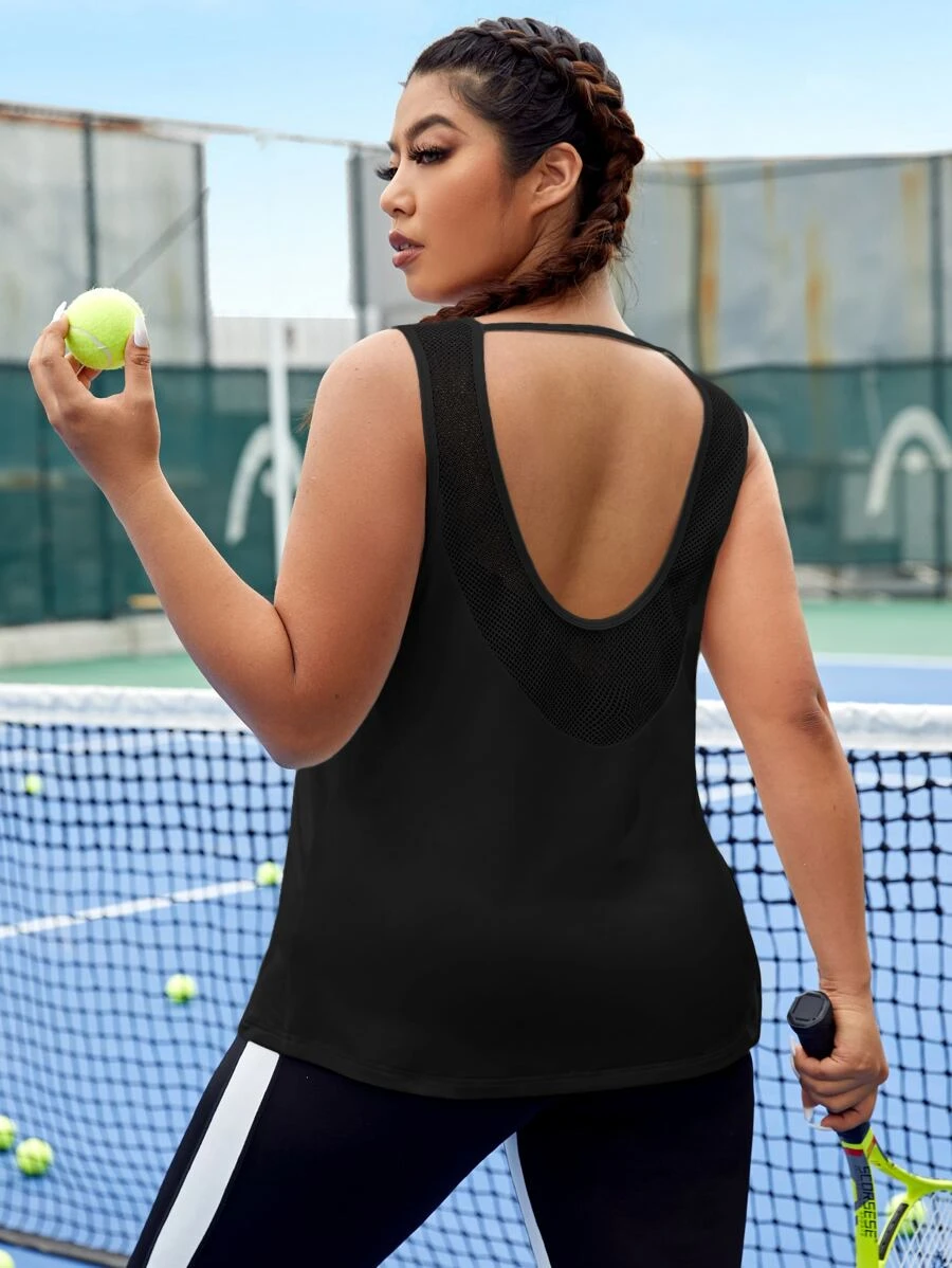 Plus Cut Out Backless Sports Tank Top - Black - View 1
