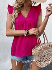 Breezaya 素色荷葉邊V領襯衫 - 玫紅色 - 查看 3