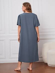 Plus Solid V Neck Nightdress - Dusty Blue - View 2