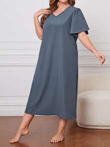 Plus Solid V Neck Nightdress - Dusty Blue - View 1