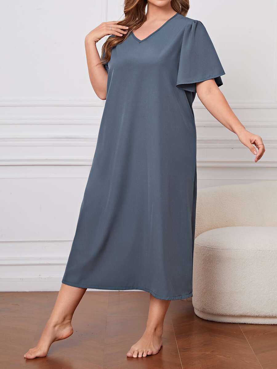 Plus Solid V Neck Nightdress - Dusty Blue - View 1