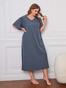 Plus Solid V Neck Nightdress - Dusty Blue - View 4
