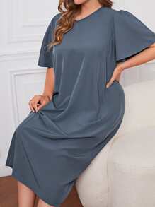 Plus Solid V Neck Nightdress - Dusty Blue - View 5