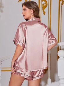 Plus Contrast Piping Satin PJ Set - Baby Pink - View 2