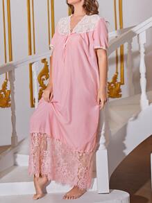 Plus Contrast Lace Knot Front Nightdress - Pink - View 1
