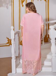 Plus Contrast Lace Knot Front Nightdress - Pink - View 2