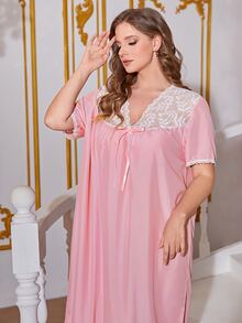 Plus Contrast Lace Knot Front Nightdress - Pink - View 5