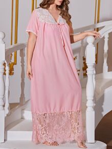Plus Contrast Lace Knot Front Nightdress - Pink - View 6