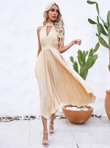 SHEIN Privé Keyhole Neckline Pleated Hem Halter Dress - Beige - View 1