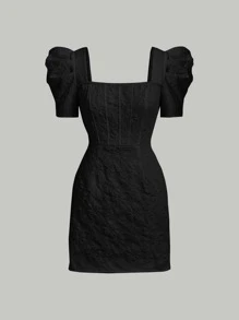 SHEIN MOD Square Neck Puff Sleeve Jacquard Dress - Black - View 1