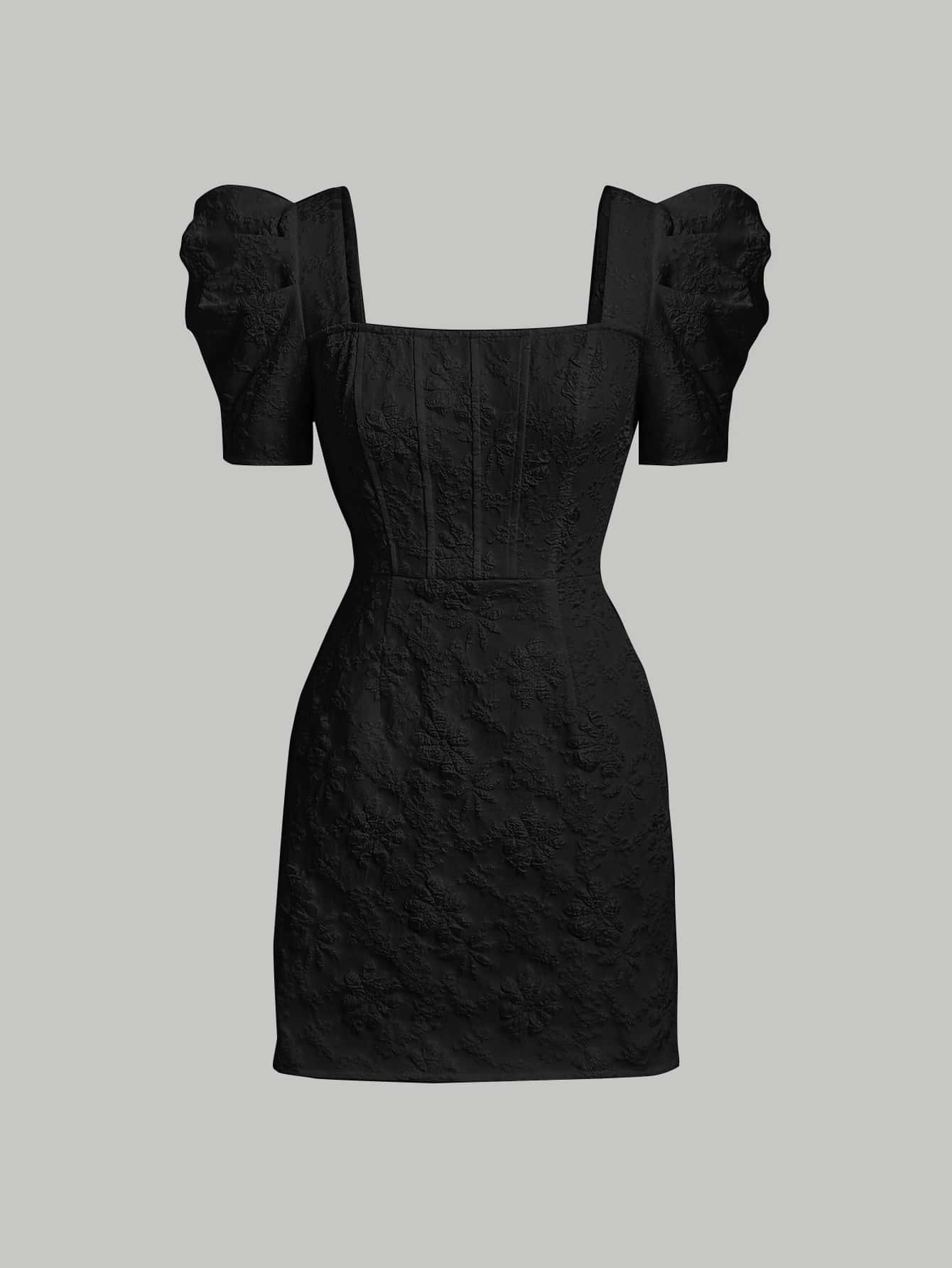 SHEIN MOD Square Neck Puff Sleeve Jacquard Dress - Black - View 1