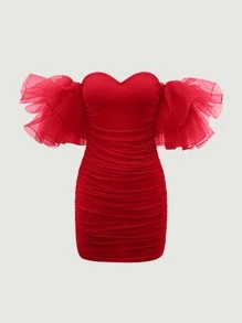 SHEIN MOD 一字肩誇張荷葉邊褶邊網紗緊身洋裝 - 紅色 - 查看 2
