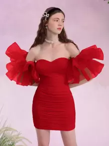 SHEIN MOD 一字肩誇張荷葉邊褶邊網紗緊身洋裝 - 紅色 - 查看 5