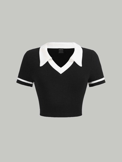 SHEIN MOD Camiseta crop de cuello en contraste unido en contraste