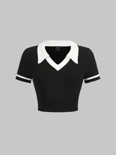 SHEIN MOD White Contrast Collar Contrast Binding Polo Collar Short Sleeves Crop Tee