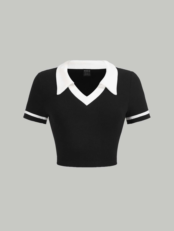 SHEIN MOD Guler de contrast alb Legături de contrast Guler polo cu mâneci scurte Tricou crop