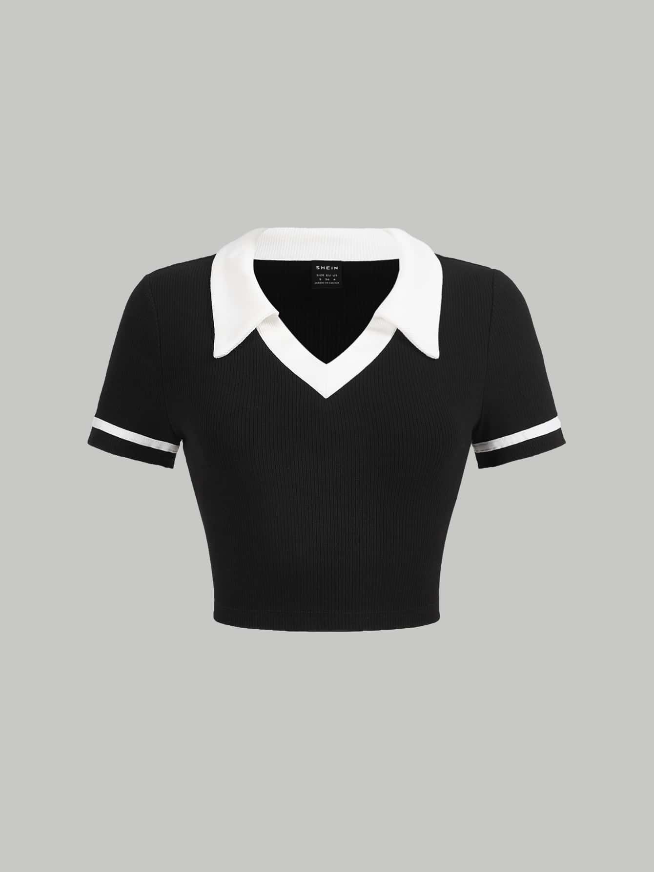 SHEIN MOD White Contrast Collar Contrast Binding Polo Collar Short Sleeves Crop Tee - Black - View 1