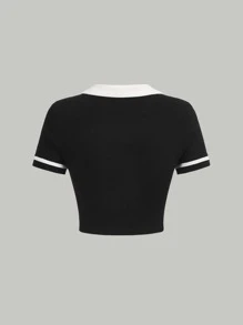 SHEIN MOD White Contrast Collar Contrast Binding Polo Collar Short Sleeves Crop Tee - Black - View 2