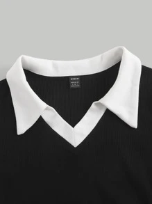 SHEIN MOD White Contrast Collar Contrast Binding Polo Collar Short Sleeves Crop Tee - Black - View 3