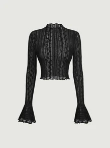 SHEIN MOD Mock Neck Flounce Sleeve Lace Black See-Through Flared Cuffs With Cropped Tee