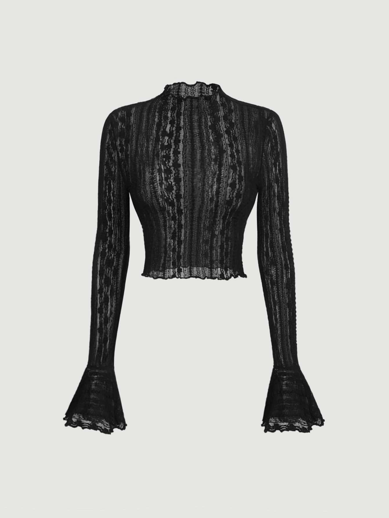 SHEIN MOD Mock Neck Flounce Sleeve Lace Black See-Through Flared Cuffs With Cropped Tee