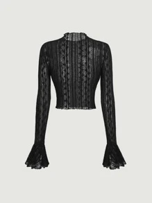 SHEIN MOD Mock Neck Flounce Sleeve Lace Black See-Through Flared Cuffs With Cropped Tee