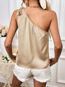 SHEIN Privé Blusa de un hombro con diseño de lazo - Champán - Ver 2