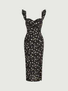 SHEIN MOD Ditsy Floral Print Ruffle Trim Split Thigh Dress - Black - View 1