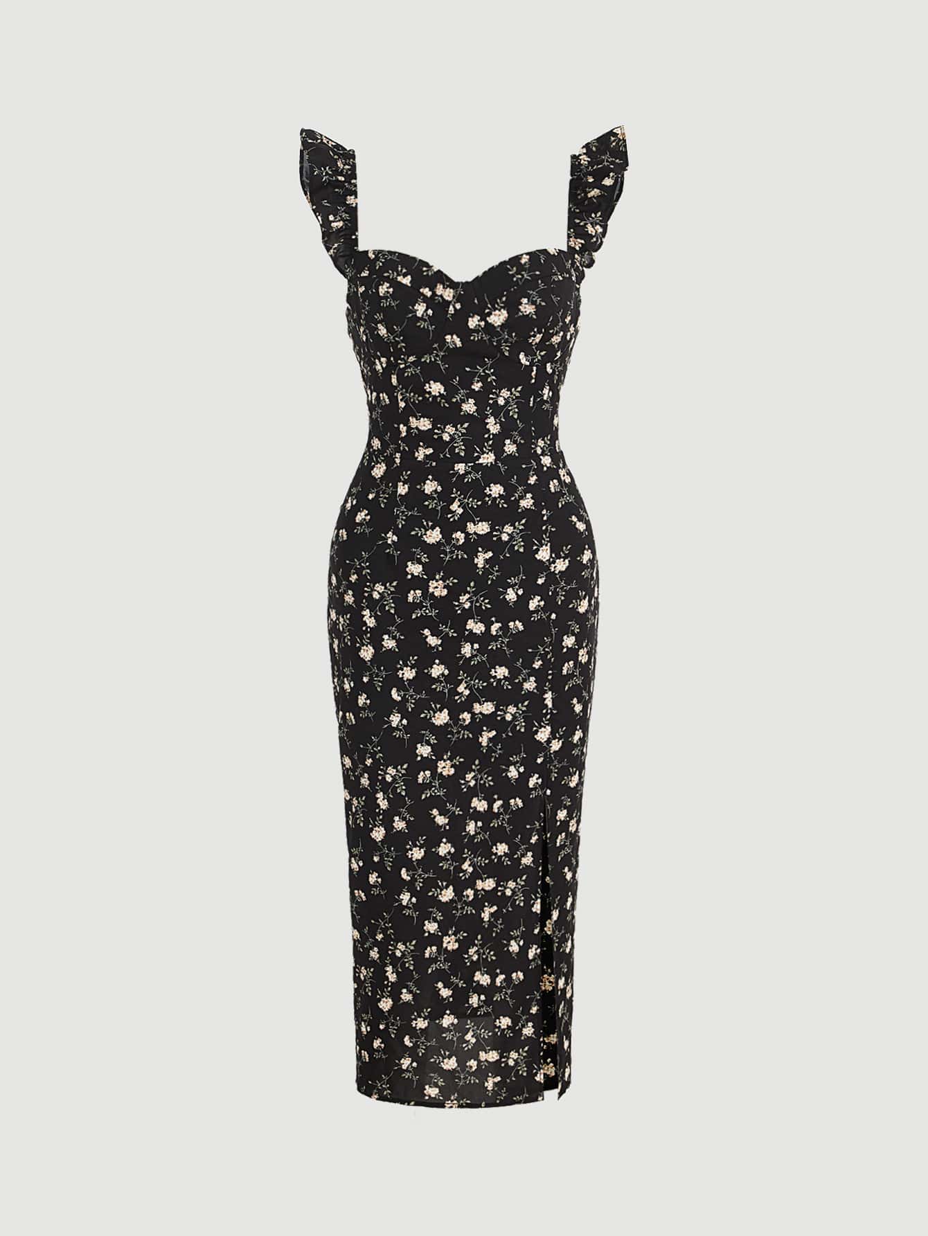 SHEIN MOD Ditsy Floral Print Ruffle Trim Split Thigh Dress - Black - View 1