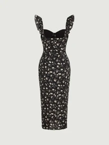 SHEIN MOD Ditsy Floral Print Ruffle Trim Split Thigh Dress - Black - View 2