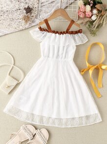 Chicas Vestido de hombros descubiertos ribete con fruncido con encaje - Blanco - Ver 1