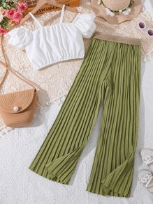 SHEIN Girls Cold Shoulder Ruffle Trim Top & Pleated Pants Without Belt - Multicolor - View 2