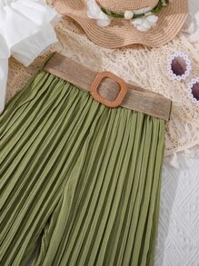 SHEIN Girls Cold Shoulder Ruffle Trim Top & Pleated Pants Without Belt - Multicolor - View 3