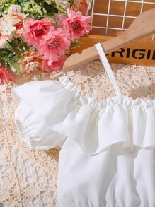 SHEIN Girls Cold Shoulder Ruffle Trim Top & Pleated Pants Without Belt - Multicolor - View 7