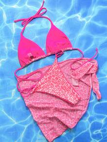 Leopard Halter Triangle Summer Beach Bikini Set With Beach Skirt - Hot Pink - View 2