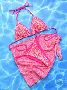 Leopard Halter Triangle Summer Beach Bikini Set With Beach Skirt - Hot Pink - View 4