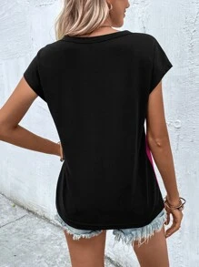 SHEIN LUNE Two Tone Button Detail Dolman Sleeve Tee - Hot Pink - View 2