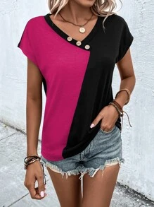 SHEIN LUNE Two Tone Button Detail Dolman Sleeve Tee - Hot Pink - View 3