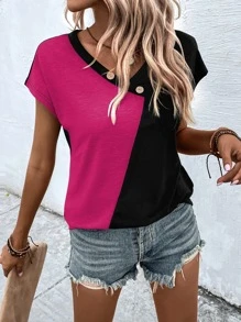 SHEIN LUNE Two Tone Button Detail Dolman Sleeve Tee - Hot Pink - View 4