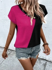 SHEIN LUNE Two Tone Button Detail Dolman Sleeve Tee - Hot Pink - View 5
