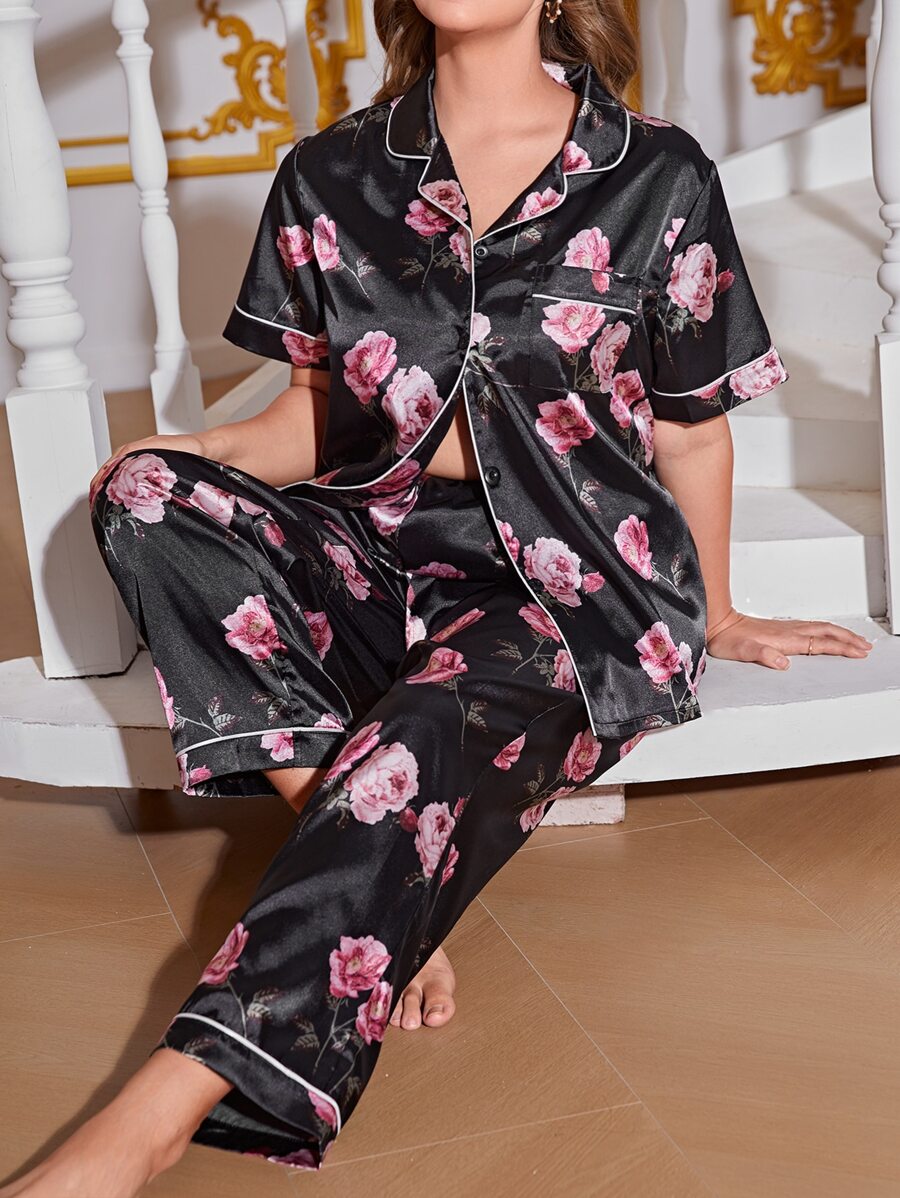 Plus Floral Print Contrast Piping Satin PJ Set - Multicolor - View 1