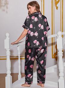 Plus Floral Print Contrast Piping Satin PJ Set - Multicolor - View 3
