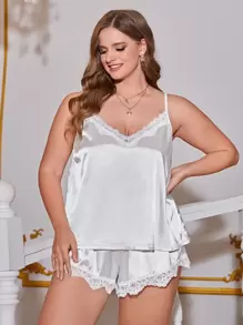 蕾丝边缎面吊带背心和短裤睡衣套装/睡衣套装白色套装 - 白色 - 查看 3