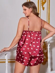 Plus Heart Print Satin PJ Set - Burgundy - View 2