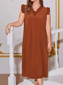 Vestido de dormir con encaje en contraste ribete con fruncido - Naranja Quemada - Ver 5