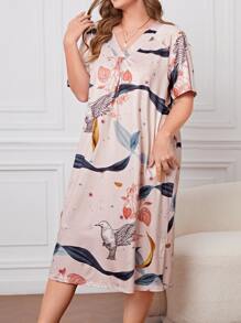大碼花鳥印花V領睡裙 - 彩色 - 查看 4