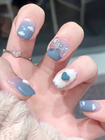 Upgrade Your Look With 24pcs Short Square Ombre 3D Bow Decor Heart Fake Nail & 1pc Nail File & 1sheet Tape Press On Nails Nail Supplies